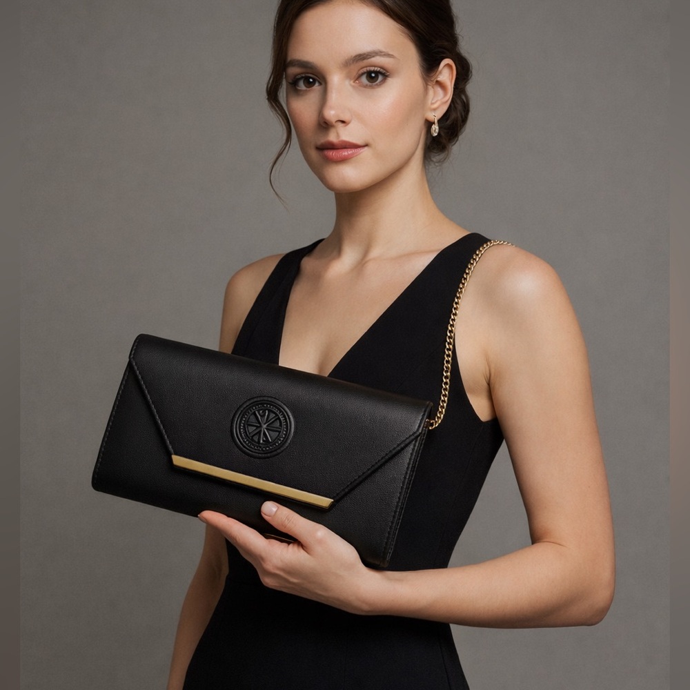 CXL by Christian Lacroix Madison Smooth Clutch Black Gold Chain NWT